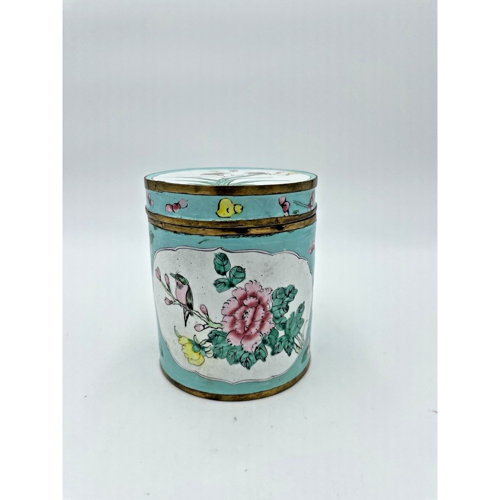 Antique Chinese Canton Enamel Round Lidded Tea Caddy Hand-Painted Birds Flowers - Picture 2 of 13